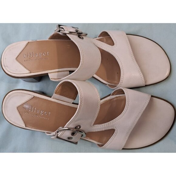 Villager Women's 8.5 White Slip-On Leather Heeled Sandals Adjustable Buckle FLAW - Picture 2 of 11